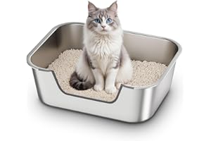 Qiuma Stainless Steel Cat Litter Box with Low Entry, Metal Kitty Litter Box for Senior or Injured Cats, Odor-Free, Non-Stick, Easy to Clean, 17.5"x13.6"x5.9", Litter Pan for Medium and Small Cats