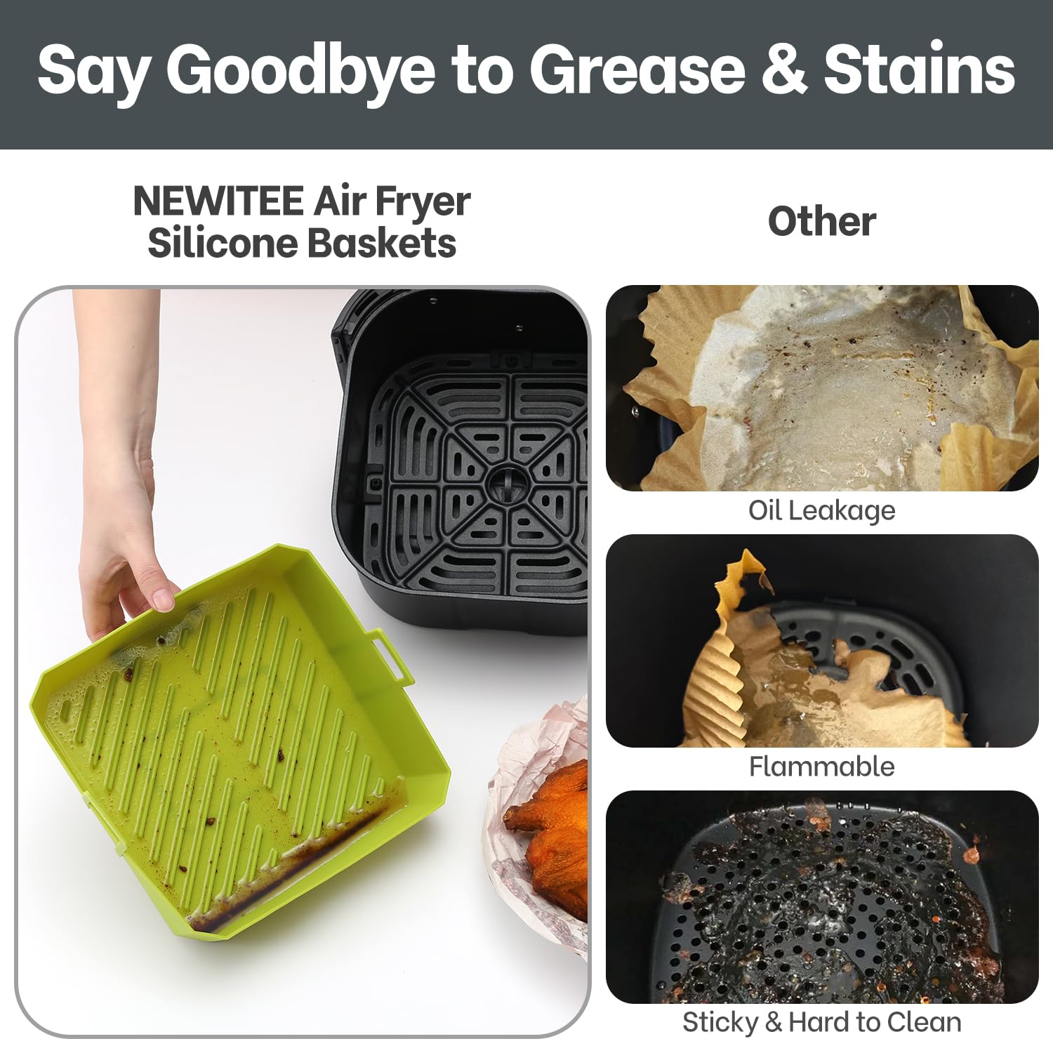 NEWITEE 5 QT Air Fryer Silicone Liners for Ninja AF141/AF142/AF181/AF182 & COSORI CAF-L501, 2 Pack BPA Free Platinum Silicone Basket, Square Reusable Air Fryer Liners with Handle, Upgrade