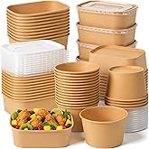 Ferrochef 50 Pcs 30oz Round and 28oz Square Disposable Kraft Paper Bowls with Lids, Meal Prep Containers Disposable Large Food Soup Christmas Take out Serving Bowls, Microwave Safe for Hot/cold Food