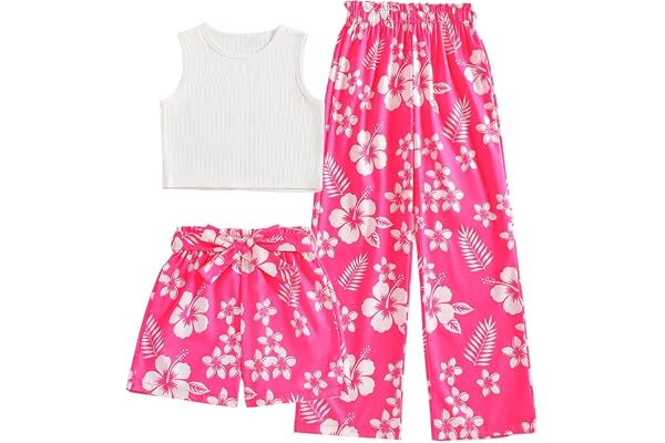Xumplo Girls 3Pcs Outfits Ribbed Vest Tops and Leaf Print Shorts Pants Set for Kids Sleeveless Summer Clothes