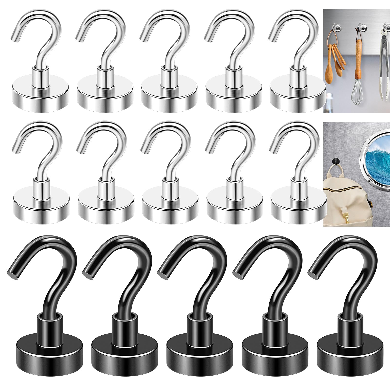 Daily Treasures 15 Pack Magnetic Hooks, 5Pack 22KG(48.5lb) Strong Magnetic Hooks +10Pack 10KG(22lb) Super Magnets Hooks, Magnets with Hook for Hanging in Kitchen, Cruise, Classroom, Workplace, Garage