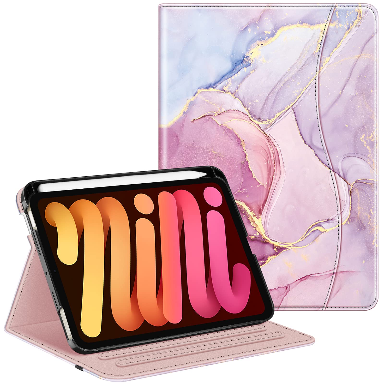 FINTIE Case for iPad Mini 7 (2024, A17 Pro) / iPad Mini 6 (2021) 8.3 Inch, [Multi-Angle] Viewing Folio Smart Stand Cover with Pencil Holder & Pocket, Glittering Marble
