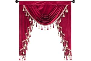 VOGOL Vintage Waterfall Valance for Living Room, Super Soft Velvet Swag Curtain Rod Pocket Window Panel for Bedroom Nursery, 1 Pack, 39" Wide, Burgundy