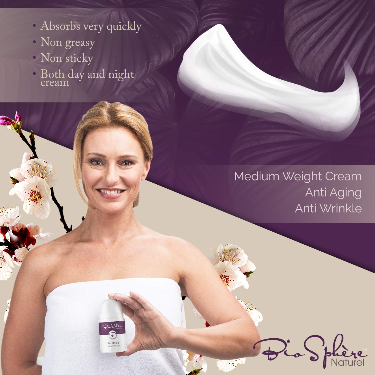 Natural Anti Age Cream for Face with 7x Organic Anti Aging Complex - Organic Face and Neck Cream for Tightening and Wrinkles - Day and Nighttime Moisturizer for Face - Jeunesse by BioSphere Naturel