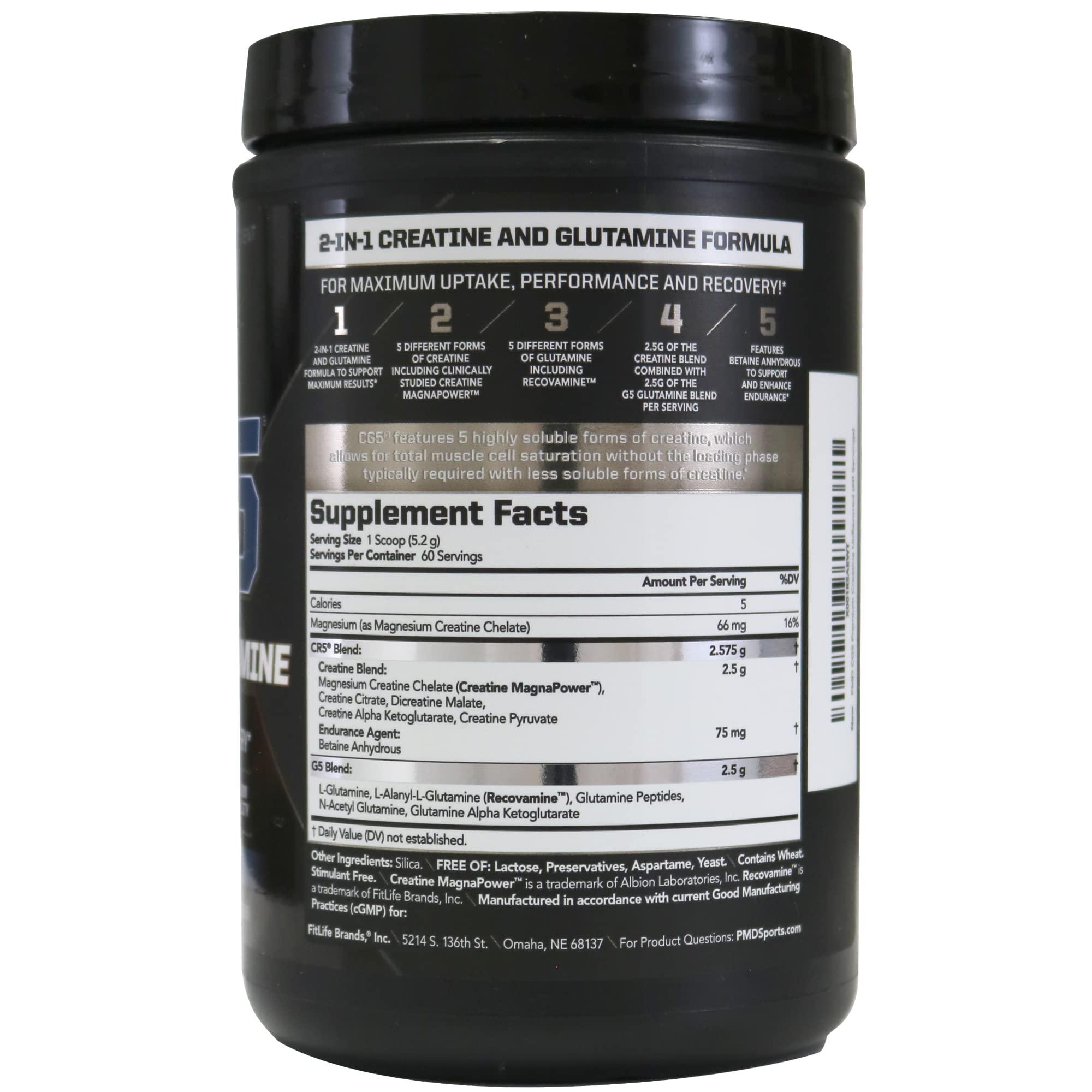 PMD Sports CG5 Premium Creatine & L Glutamine Powder, Power Recovery, Build Lean Muscle, Increase Workout Performance, Maximum Strength Pre Workout & Post Workout, Unflavored, 60 Servings
