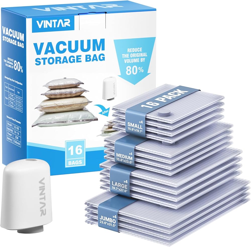 Vacuum Bags for Travel with Rechargeable Cordless Pump, VINTAR 16 Combo (4J+4L+4M+4S) Sealer Bags for Clothes Storage Travel,