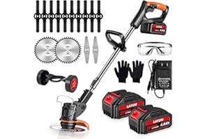 LAYUNI Weed Wacker Cordless, 21V Electric Weed Trimmer Battery Powered with 2X 4.0Ah Batteries, 3 in 1 Stringless Grass Trimmer/Edger/Brush Cutter with 3 Types Blade for Lawn Yard Garden