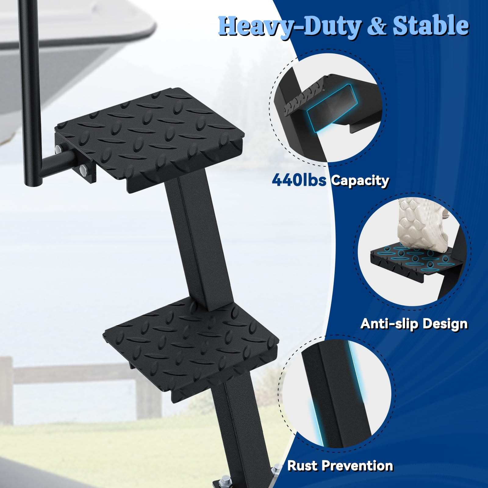 Sliandtelly Boat Trailer Step with Handle - Heavy Duty Anti-Slip, Rust-Proof Boarding Steps for Front Tongue Frame, Easy Install with Mounting Hardware Fits Bass & Pontoon Boats