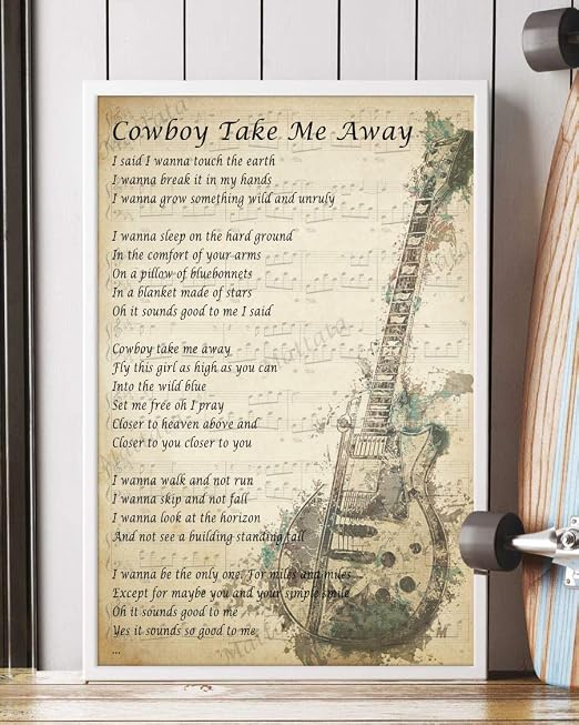 Amazon Com Mattata Decor Gift Cowboy Take Me Away Song Lyrics Guitar Wall Art Portrait Poster Print 16 X 24 Kitchen Dining