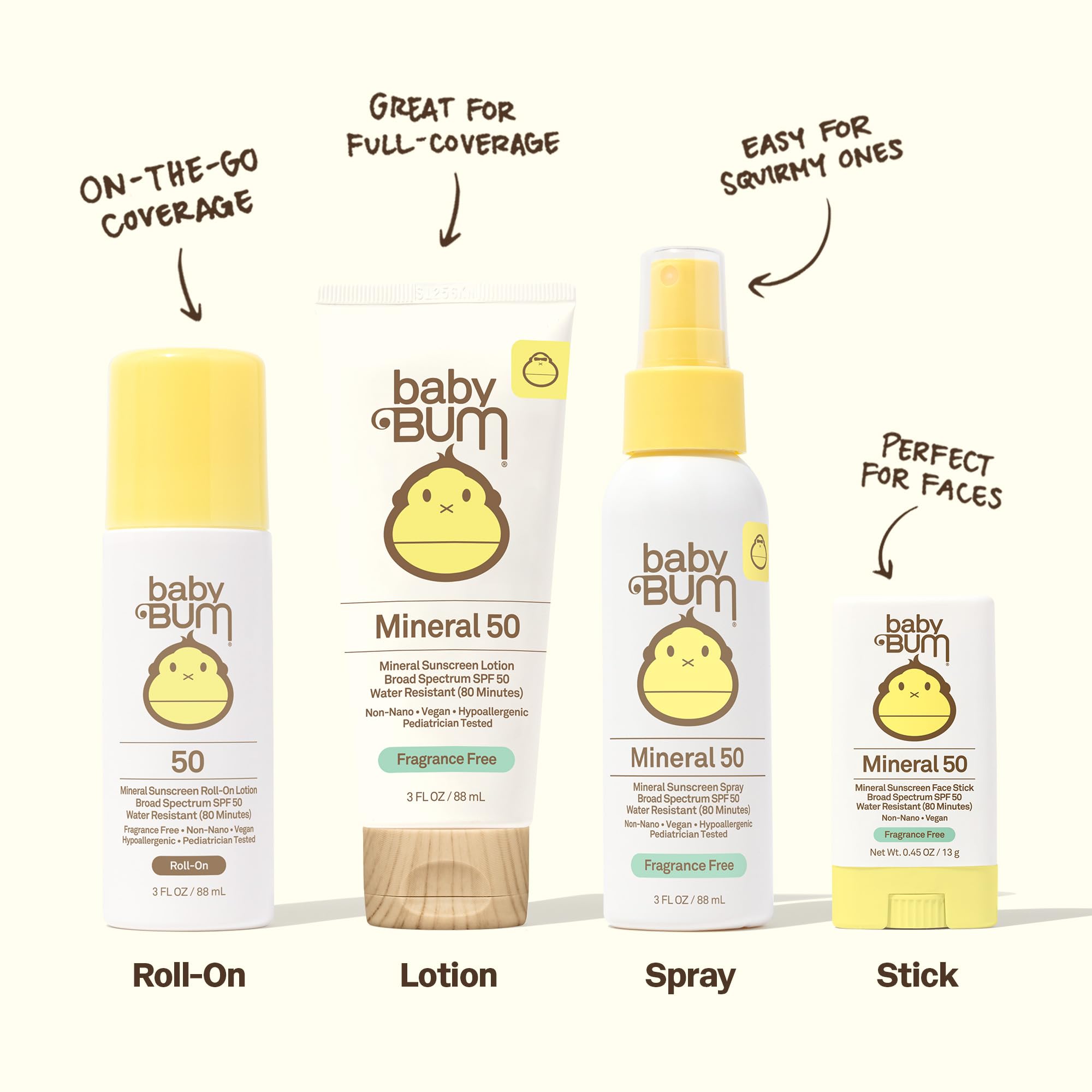 Sun Bum Baby Bum Mineral SPF 50 Sunscreen Stick - Hawaii 104 Act Compliant (Without Octinoxate & Oxybenzone) - UVA/UVB Face and Body Protection - Unscented for Sensitive Skin - Travel Size - 0.45 Oz