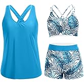 Holipick 3 Piece Tankini Swimsuits for Women Tummy Control Bathing Suits Swim Tank Top with Bra Boy Shorts Teen Swimwear