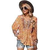 KAYWIDE Women's Casual Boho V Neck Top Loose Floral Printed Long Sleeve Beach Shirts Blouses