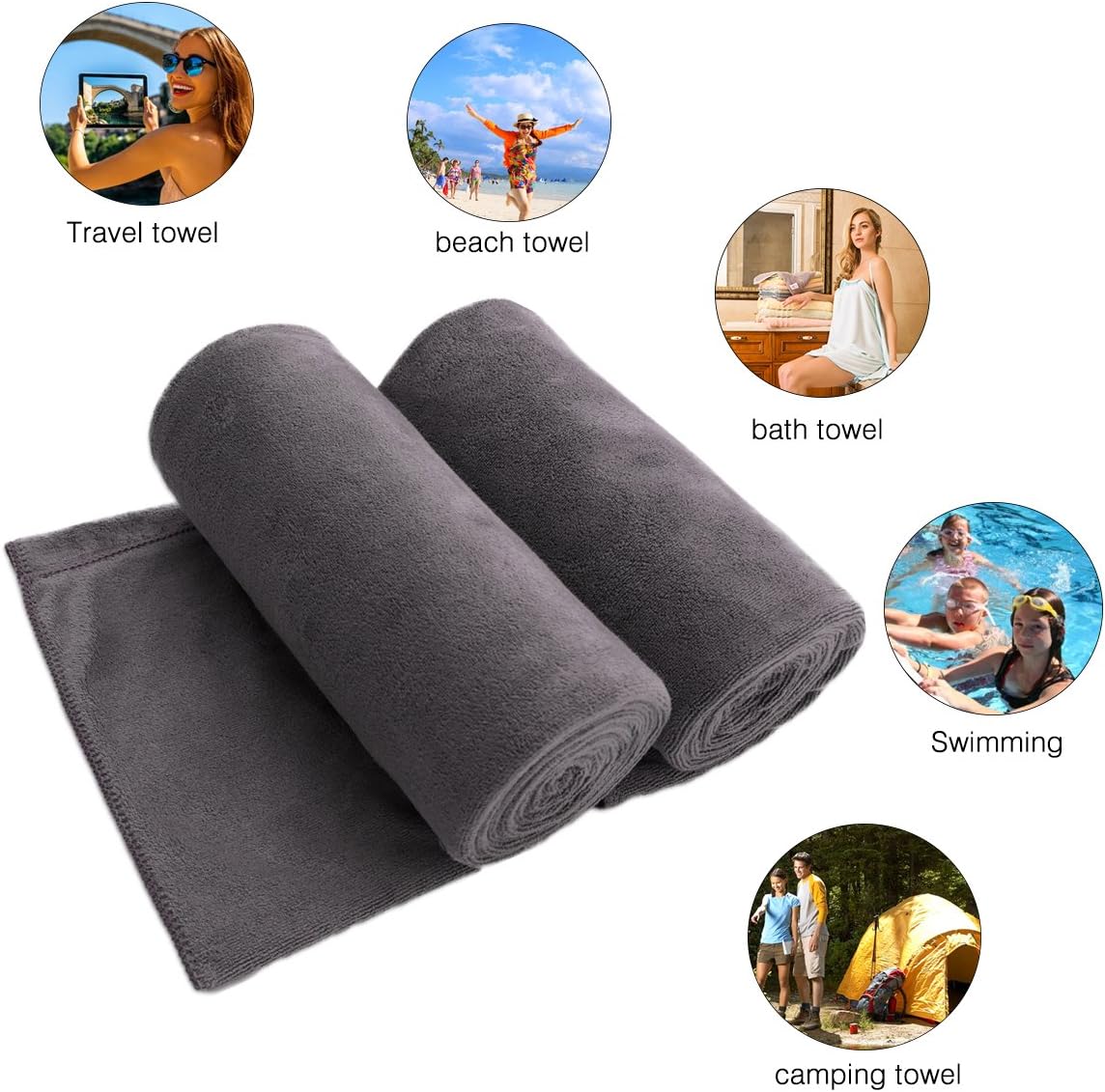 JML Microfiber Bath Towel 2 Pack(30" x 60"), Oversized, Soft, Super Absorbent and Fast Drying, No Fading Multipurpose Use for Sports, Travel, Fitness, Yoga, Grey: Home & Kitchen