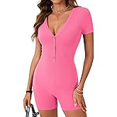 Rooscier Women's Sexy Deep V Neck Short Sleeve Romper Ribbed One Piece Jumpsuit Bodycon Pajamas Yoga