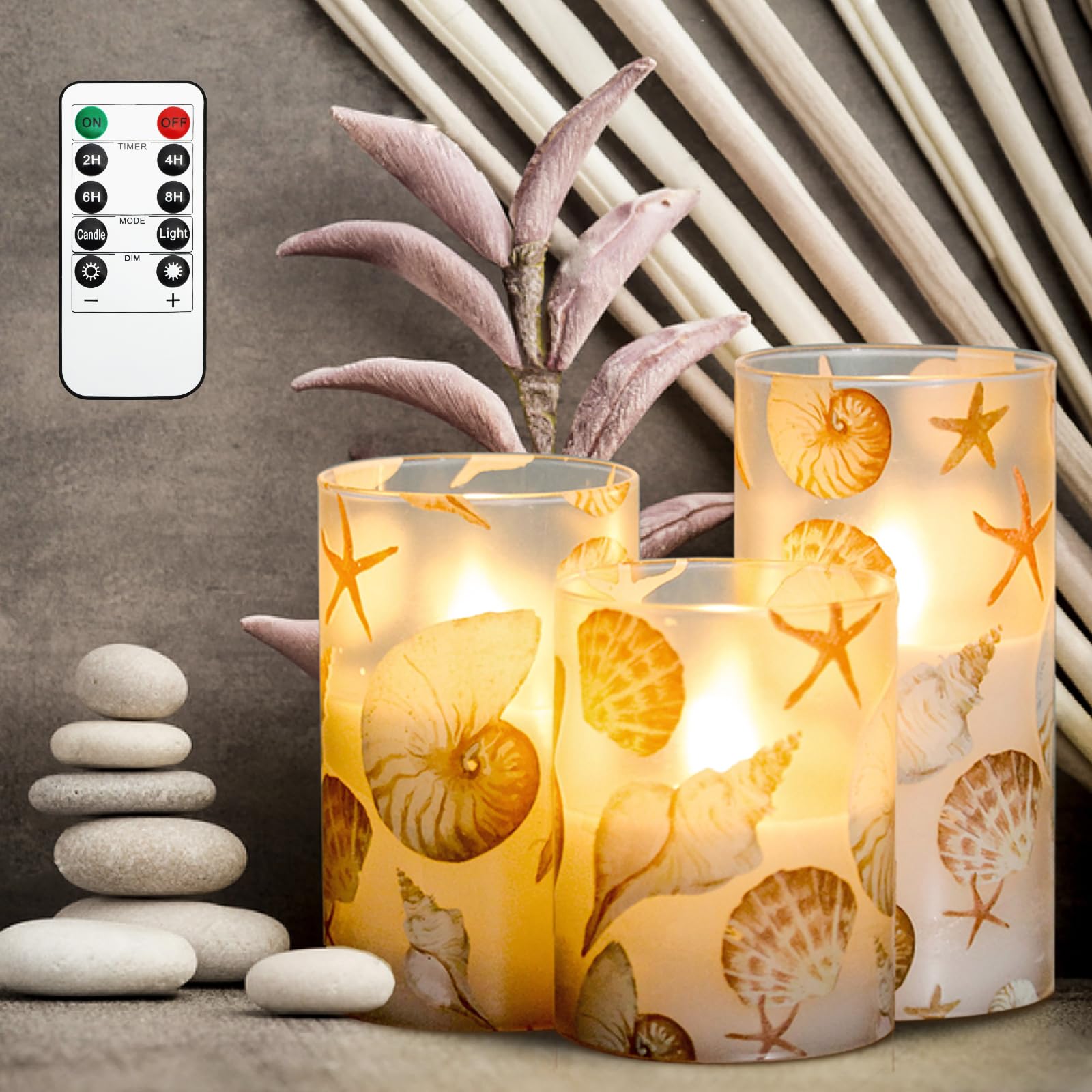 Photo 1 of Silverstro Shell Flameless Candles Remote: Blinks Real Wax Glass Battery Operated Candles - Home Party Wedding Room Christmas Ocean Nautical Summer Decor - Set of 3