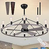 She's home 43" Wood Color Wagon Wheel Chandelier with Fan, 12-Lights Large Round Candle Farmhouse Fandelier Ceiling Fan with 