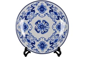 jdzjybqx Decorative Plates Blue and White Porcelain Plates of 26cm Oriental Floral Pattern Ceramic Craft for Ornaments Giving Plates, 1 Plate with 1 Display Stand