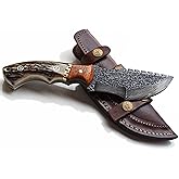 Whole Earth Supply Damascus Hunting Knife with Stag Antler Handle and Leather Sheath (Damascus Tracker, 4.5 Inch Blade)