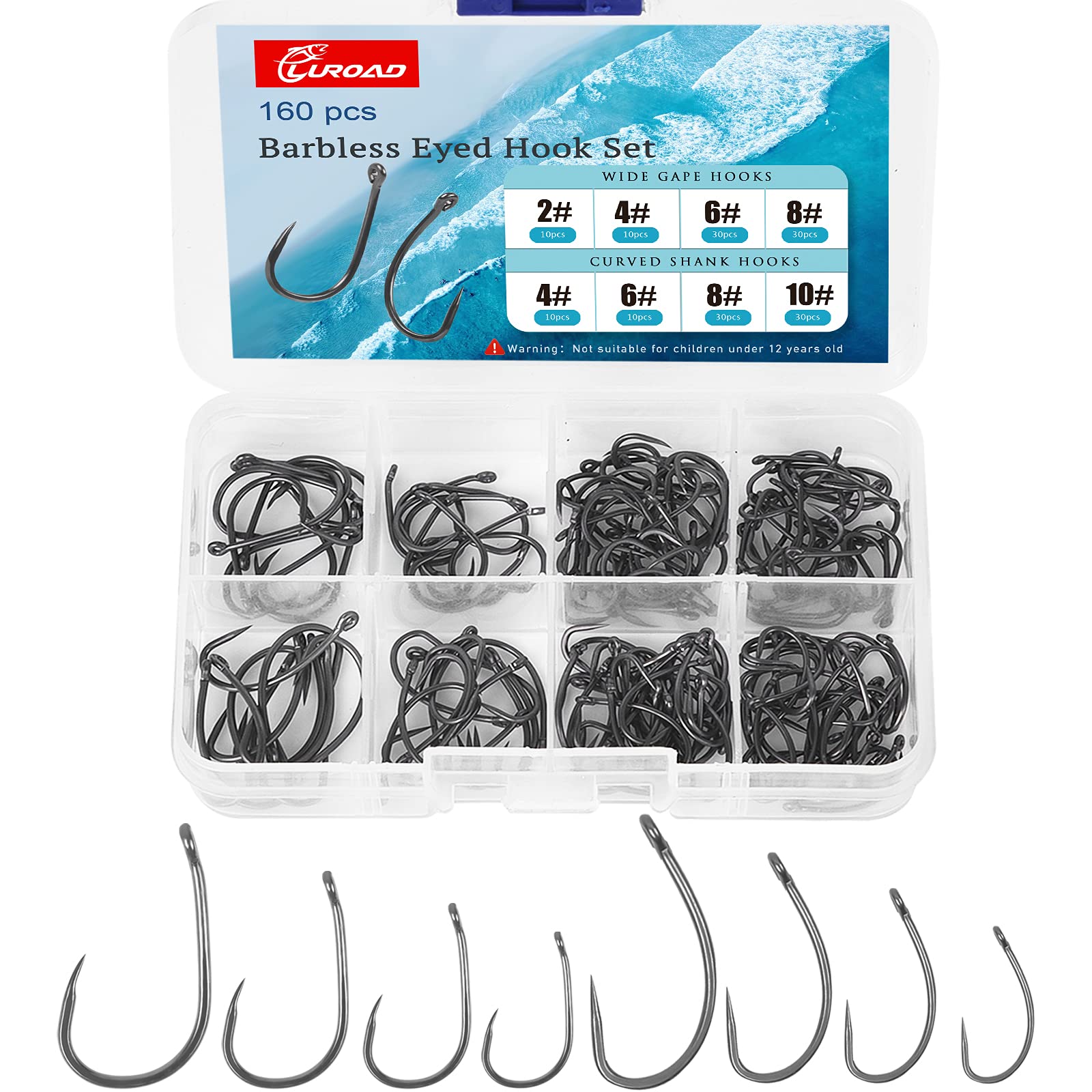 Luroad 160pcs Barbless Carp Coarse Eyed Fishing Hook, Teflon Coated Curved Shank and Wide Gape Size 2, 4, 6, 8, 10, Comes in a Multiple Section Tackle Storage Box