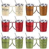 Kritkin 6 Pcs Christmas Christian Coffee Mugs Bulk Large 16 oz Religious Tumblers Stainless Steel Insulated Cups with Handle Lid Straw Brushes Bible Verses Scripture Quotes for Women Men Church Gifts