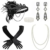 BABEYOND 1920s Accessories for Women - Flapper Feather Headband Headpiece for Women 20s Pearl Bracelet Necklace Gloves
