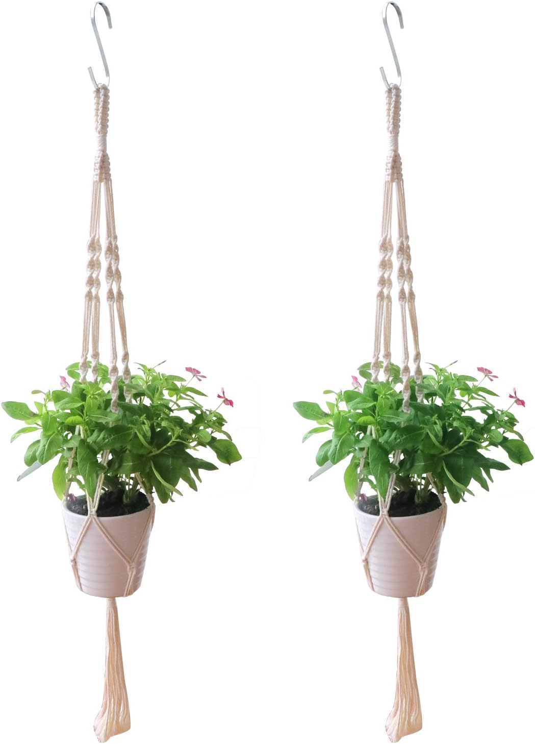 Dreecy 2 Pack Macrame Plant Hanger Cotton Rope with Stainless Steel S Hanging Hooks - 39 inches Indoor Outdoor Ceiling Flower Pot Plant Holder,4 Legs
