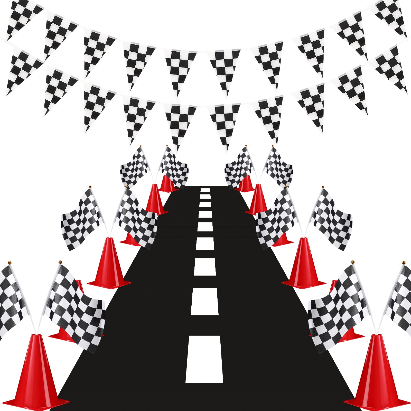 Photo 1 of Skylety Traffic Cones and Racing Checkered Flags Set-Include 12 Plastic Traffic Cones, 12 Checkered Flags with Sticks, 31 Ft Checkered Pennant Banner and 9.8 X 2 Ft Racetrack Floor Running Mat (Red)