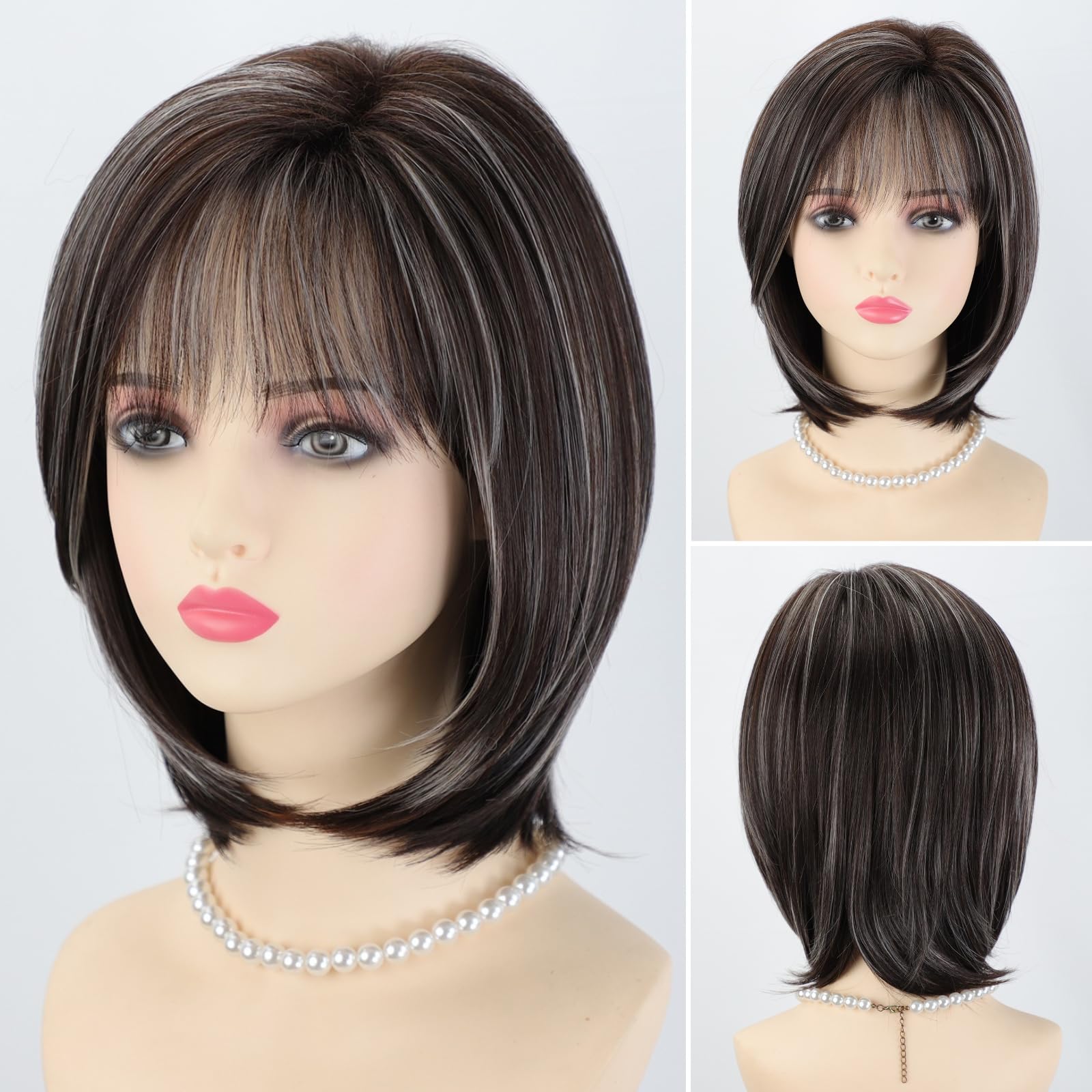 Photo 1 of RENERSHOW Layered Short Bob Wig with Bangs Brown with Silver Highlight Medium Length Wigs for Women Heat Synthetic Wig (Average Size,12inch)