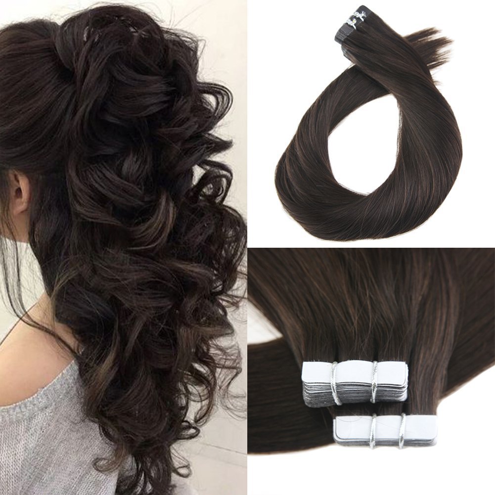 Moresoo 24 Inch Tape in Remy Human Hair PU Hair Skin Weft Real Hair Extensions 40 Pieces 100 Grams Per Pack #2 Darkest Brown Human Hair Brazilian Remy Hair