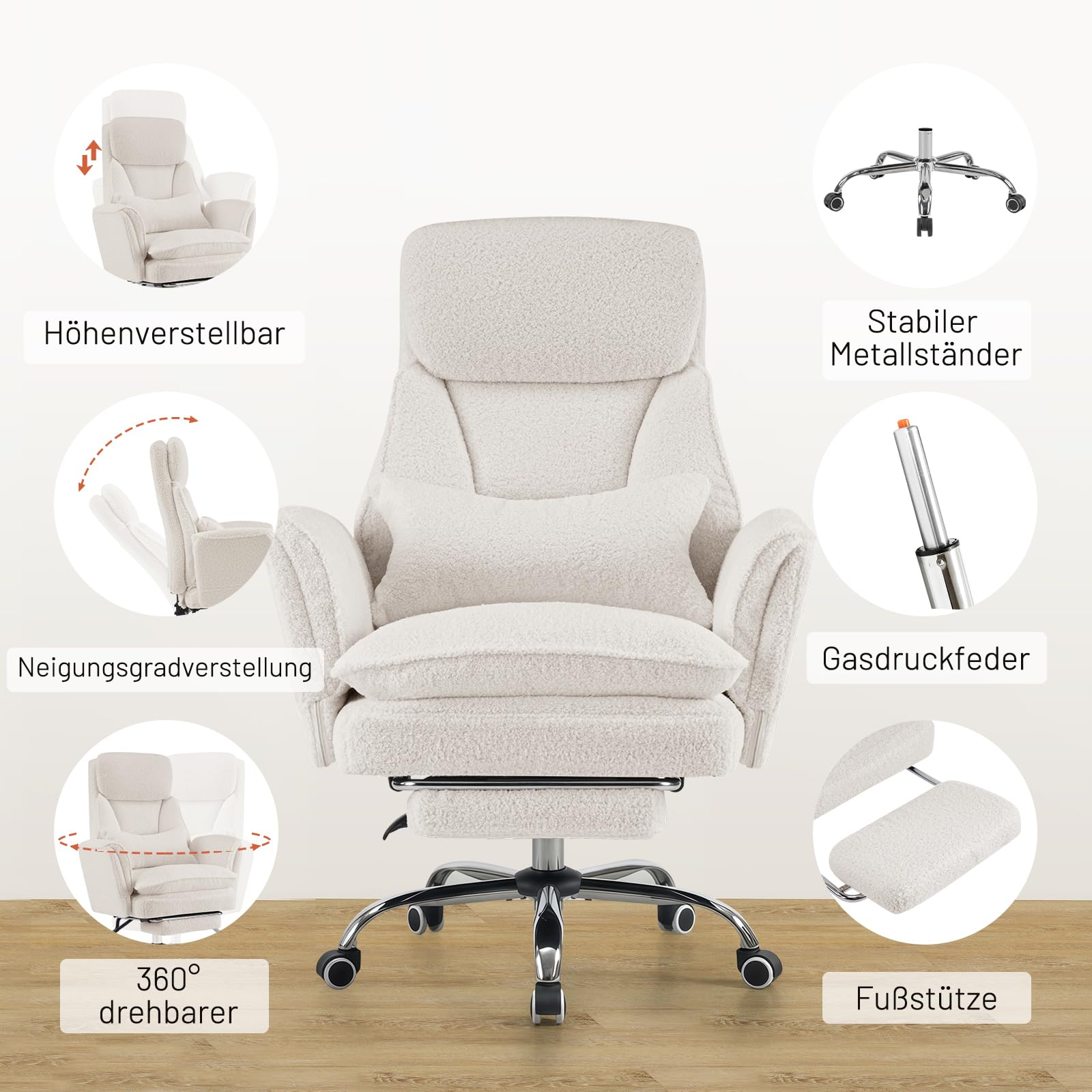 Ckaff Bürostuhl Chefsessel Ergonomisch, Gaming Stuhl mit 5-Stufig Verstellbare Armlehnen & Fußstütze, Schreibtischstuhl mit Verstellbarer Rückenlehne & Lendenwirbelstütze aus Teddy Stoff, Weiß 6