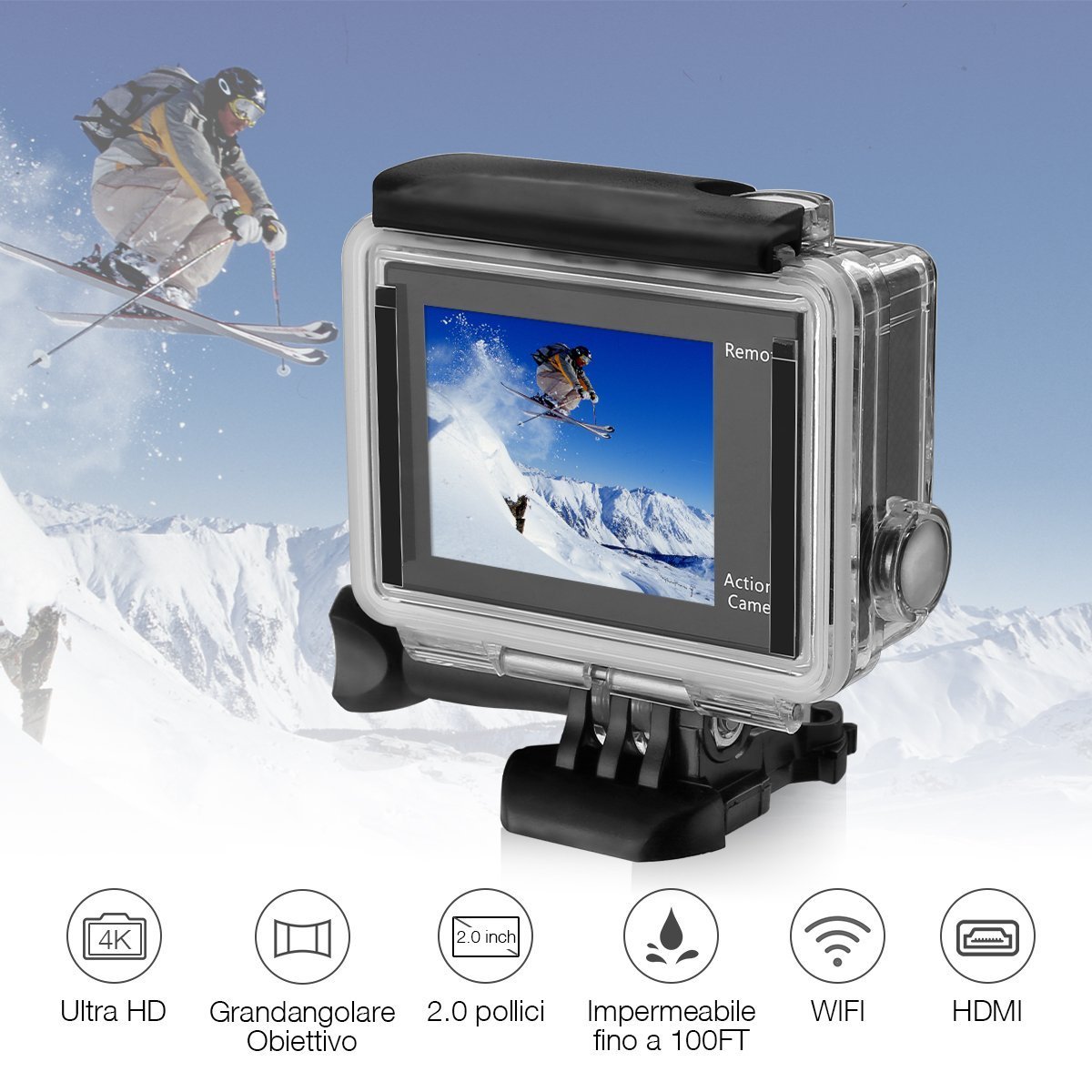 Powerextra Action Cam WIFI 4K, Action Camera Sport Kit | Videocamera 1080P HD | 170°Grandangolare | Custodia Impermeabile 30M | Macchina Fotografica per Subacquea Nuoto