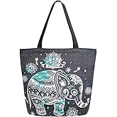Naanle Animal Elephant Canvas Tote Bag Large Women Casual Shoulder Bag Handbag, Floral Elephant Reusable Multipurpose Heavy Duty Shopping Grocery Cotton Bag for Outdoors.