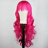 BERON 32 Inches Hot Pink Wig with Bangs Long Curly Rose Red Wigs Women Wigs with Wig Cap