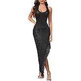 BINXIAD Women's V Neck Asymmetrical Fringe Hem Sleeveless Bodycon Dress Halter Backless Sequins Tassels Maxi Dress