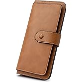 RFID Blocking Leather Wallet for Women, Slim Trifold with 14 Card Slots and Zipper Pocket (Brown)