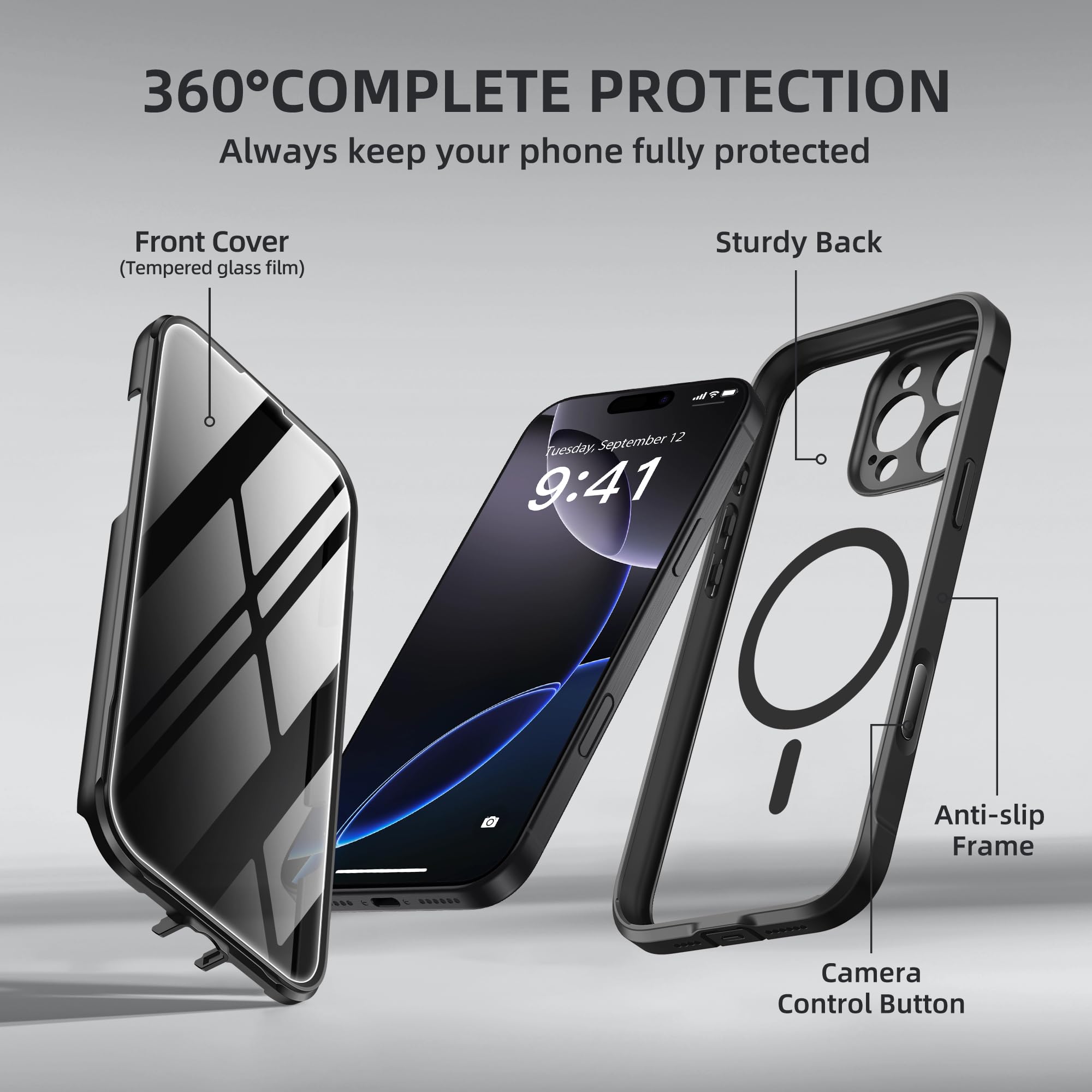 BERFY for iPhone 16 Pro Max Case, Compatible with MagSafe, Built-in Privacy Screen Protector and Camera Protection, Anti-Spy Full Body Shockproof Clear Phone Case for 16 Pro Max 6.9