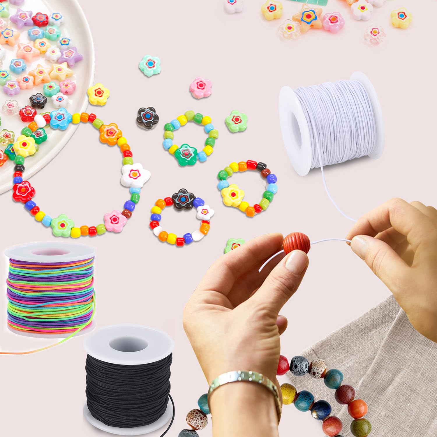 Stretchy String for Bracelets, 3 Rolls 1 mm 495 Feet Sturdy Elastic String Cord for Jewelry Making, Necklaces, Beading and Crafts (1.0mm (Black&Wihte&Rainbow))