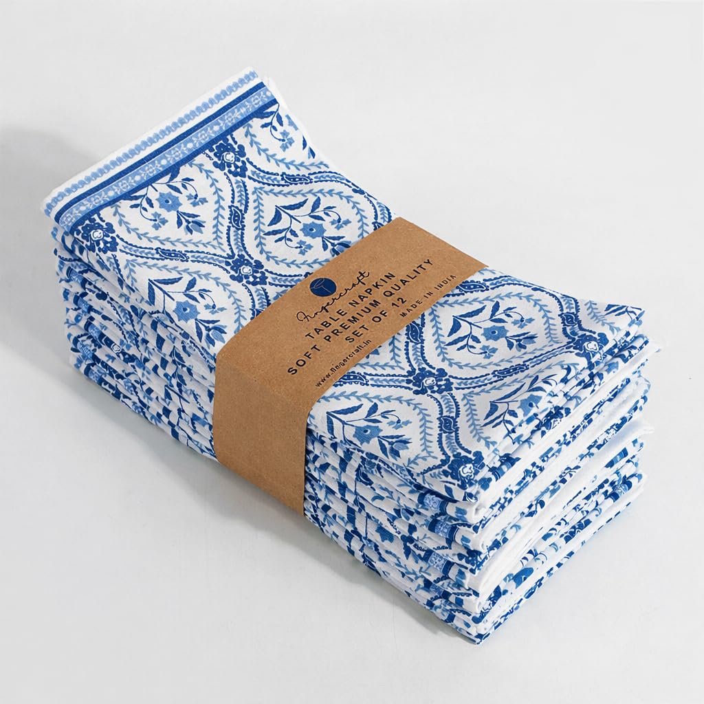 Fingercraft Cloth Napkins Set of 12 Cotton Linen Blend Printed Dinner Napkins Perfect for Parties Dinners Weddings Cocktail Christmas Napkins Cloth 20x20 Damask Blue