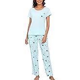 PNAEONG Womens Pajama Sets Cotton Lounge Sets for Women Short Sleeve Top With Pants 2 Piece pj sets With Pocket