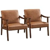 Yaheetech Accent Chairs Set of 2, Mid-Century Faux Leather Armchairs Brown | Cushioned Club Chairs with Supportive Sloped Backrests and Sturdy Wood Arms Fit Small Living Rooms, Offices, Reading Nook