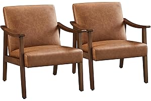Yaheetech PU Leather Accent Chair, Mid-Century Modern Armchair with Solid Wood Legs, Reading Leisure Chair with High Back for Living Room Bedroom Waiting Room, Set of 2, Brown