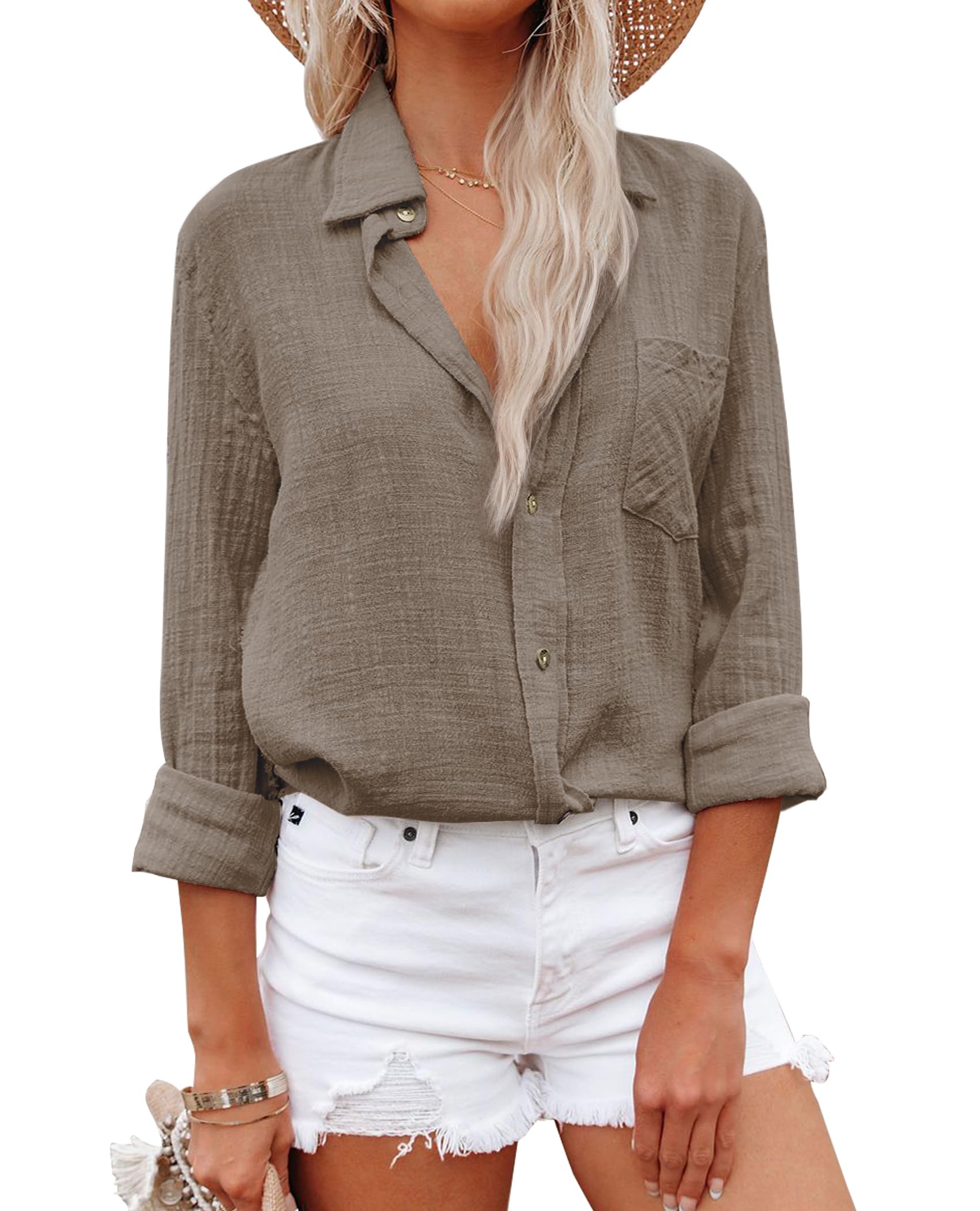 Photo 1 of Womens Linen Button Down Shirt Cotton Dress Shirts Long Sleeve Collared Work Blouses Solid Tunic Tops with Pockets Khaki Brown,XS