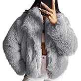 COZYPOIN Womens Faux Fur Jacket Fluffy Fur Coat Cropped Long Sleeve Lapel Button Down Fuzzy Winter Outerwear