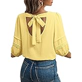 Dokotoo Blouses for Women Dressy Casual Crewneck 3/4 Length Sleeve Womens Tops Loose Business Work Shirts