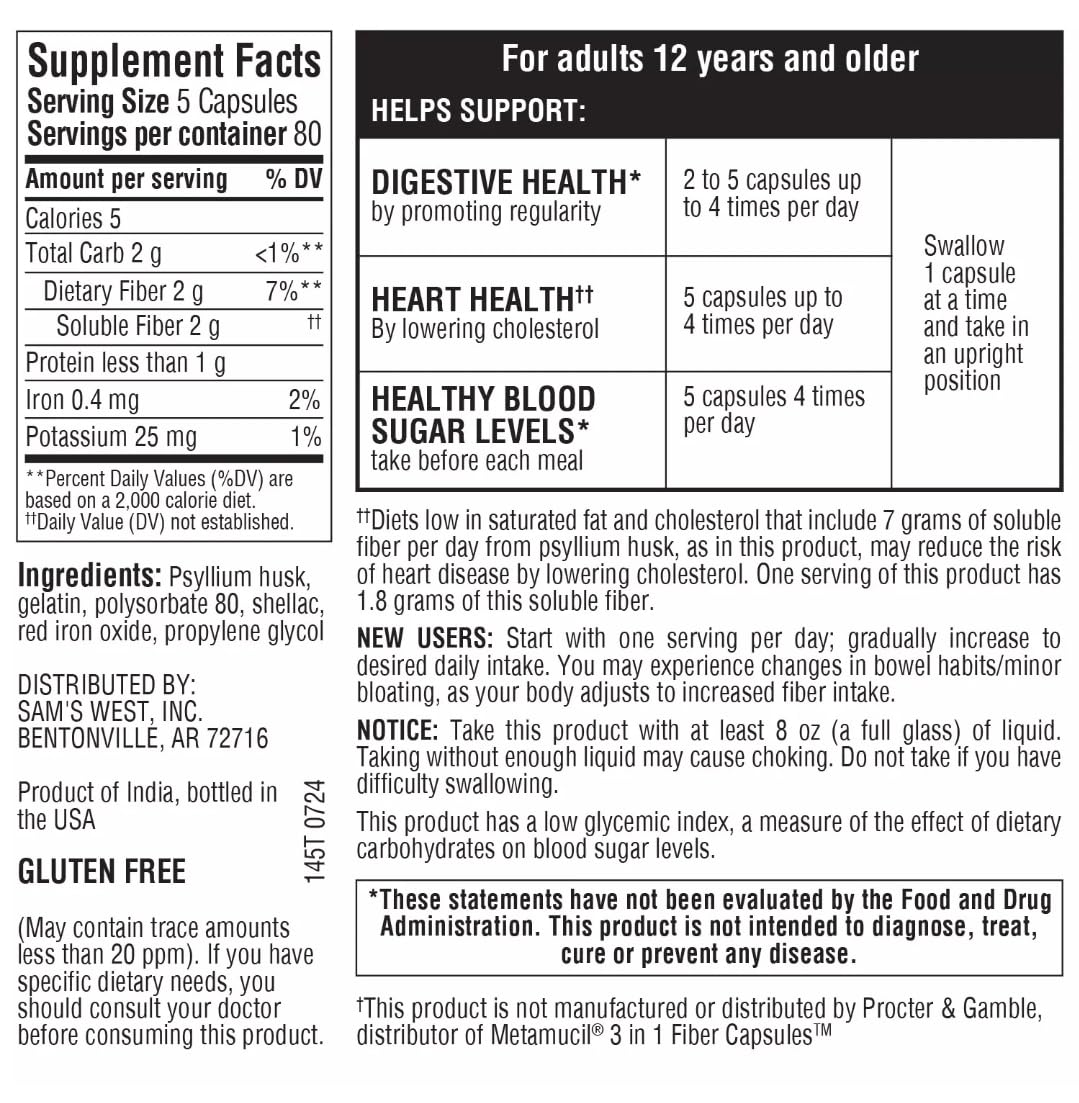 Member's Mark 100% Natural Psyllium Husk Fiber Capsules, Digestive Health, 400 Count (Pack of 1)