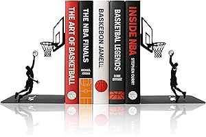 LumDecor Basketball Bookends Decorative Metal Book Ends for Shelves, Matte Black Iron Basketball Player & Hoop Design, Unique