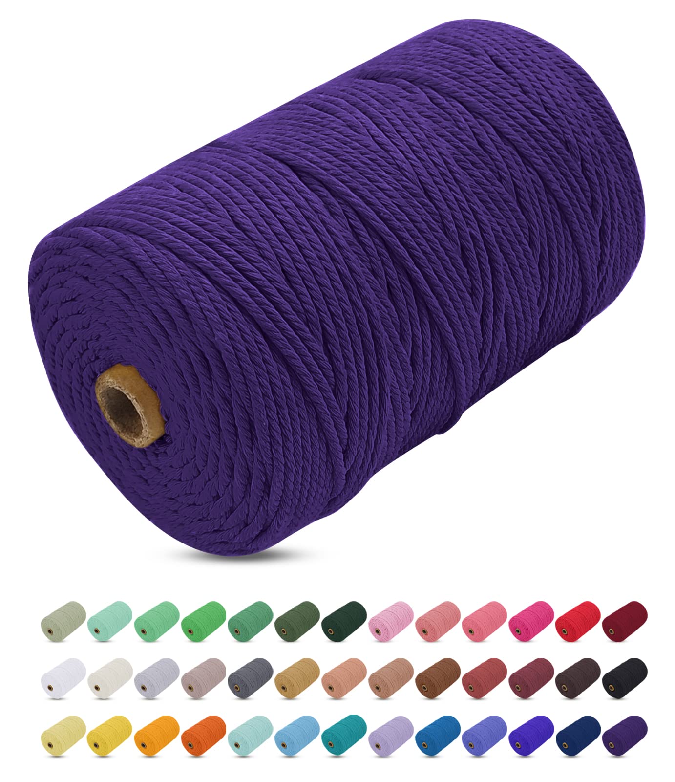 Uiopa Macrame Cord 3mm x 200m, Thick Macrame Rope Yarn Soft Natural Cotton Cord, Coloured 4-Ply Macrame String for DIY Craft, Plant Hangers, Wall Hanging, Christmas Decorations (Deep Purple)