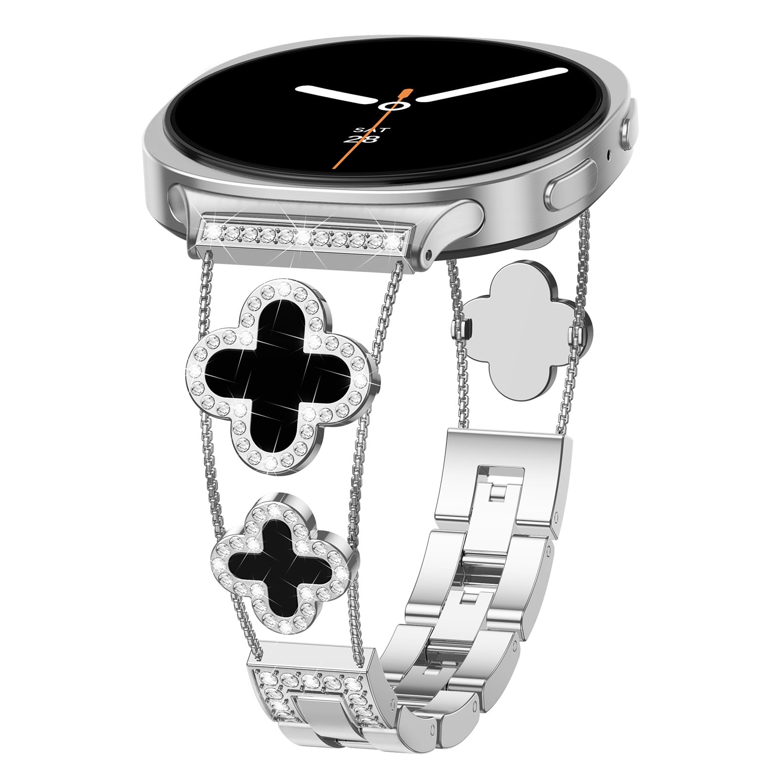 Metal Bands for Samsung Galaxy Watch 8 Band 40mm 44mm/8 Classic 46mm Women,Shiny Bling Diamond Four-Leaf Clover Stylish Stainless Steel Strap Replacement WristBands,02-silver