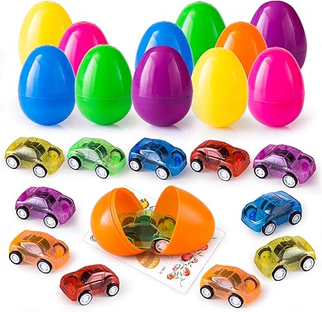 Amazon Lihao イースターエッグ おもちゃ車 ミニカー プルバック式 プラスチック卵 卵カプセル ギフト 入園プレゼント 子供へ 12個入 1枚タトゥーシール付き ミニカー ダイキャストカー おもちゃ