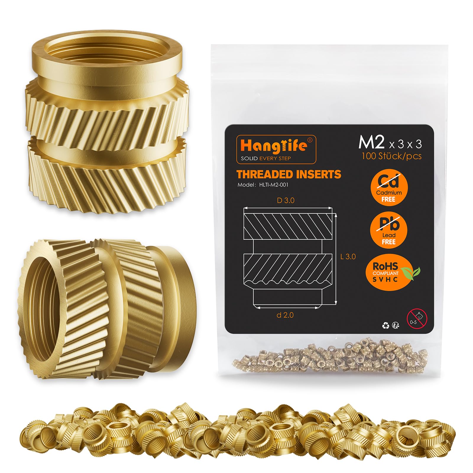 HANGLIFE Threaded Inserts for Plastic, M2 Heat Set Insert for 3D Printing Components and Plastic Parts - Brass Metric Knurled Nuts (100 Pieces)